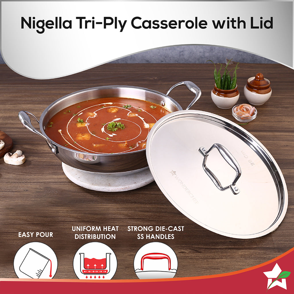 Nigella Tri-ply Stainless Steel 20 cm Kadhai with Lid | 1.5 Litres | 2.6mm Thickness | Kadhai with Induction base | Compatible with all cooktops | Riveted Cool-Touch Handle | 10 Year Warranty