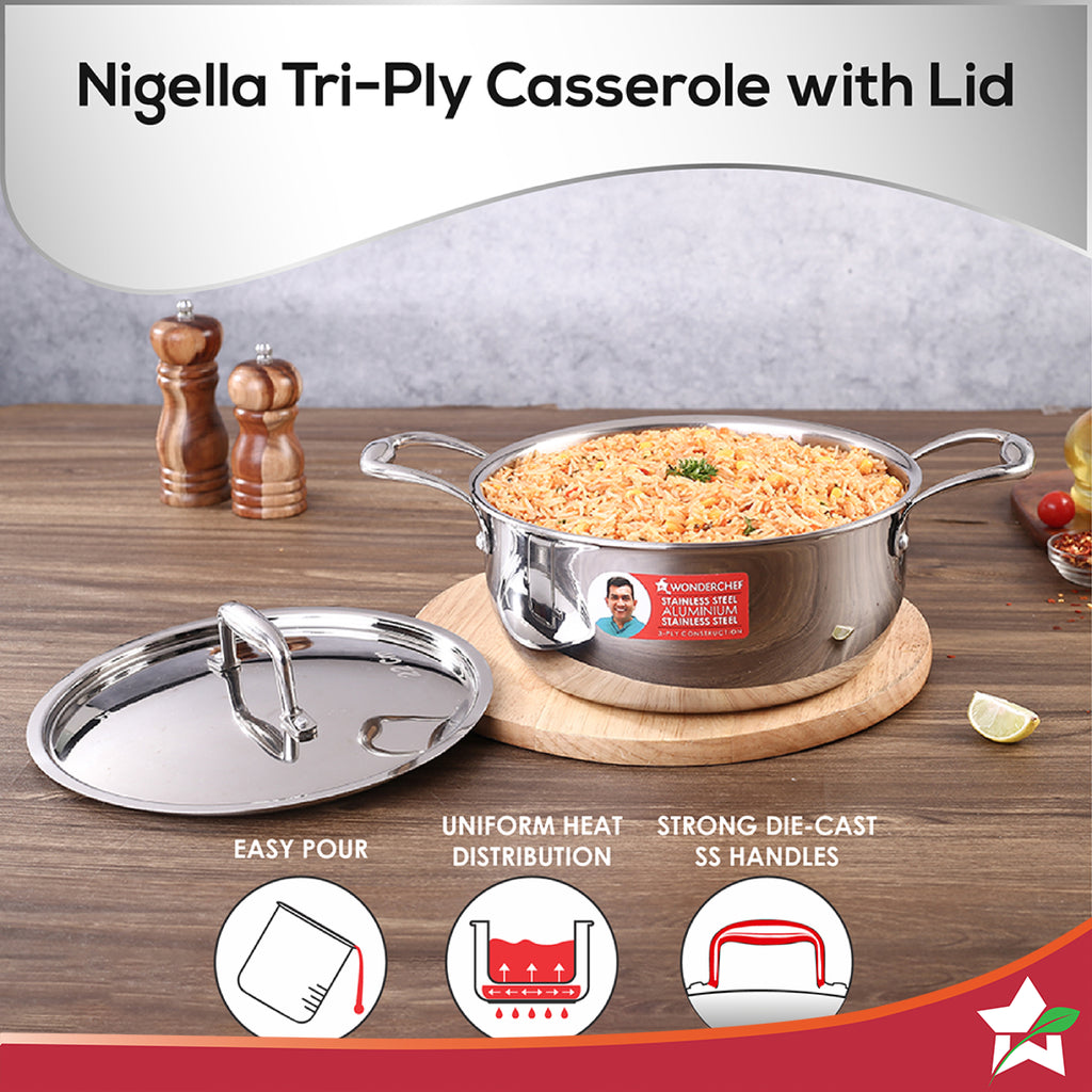 Nigella Tri-ply Stainless Steel 20 cm Casserole | 3 Litres | 2.6mm Thickness | Induction base | Compatible with all cooktops | Riveted Cool-Touch Handle | 10 Year Warranty