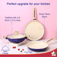 Load image into Gallery viewer, Bellagio Ceramic Non-stick 4 pc Cookware Set, Kadhai with Lid, Fry Pan &amp; Dosa Tawa, Electric Blue, 2 Years Warranty