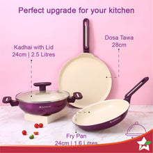 Load image into Gallery viewer, Bellagio Ceramic Non-stick 4 pc Cookware Set, Kadhai with Lid, Fry Pan &amp; Dosa Tawa, Deep Purple, 2 Years Warranty