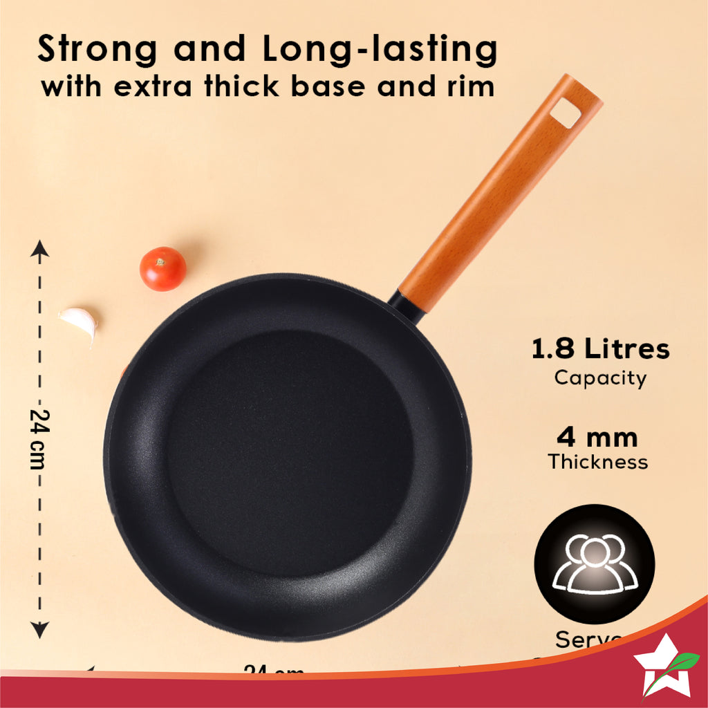 Caesar 24 cm Non-Stick Fry Pan | Induction Bottom | Wooden Handle | Pure Grade Aluminium | Frying Pan Non Stick | 1.7 L | 5 mm | 5 Years Warranty | Black