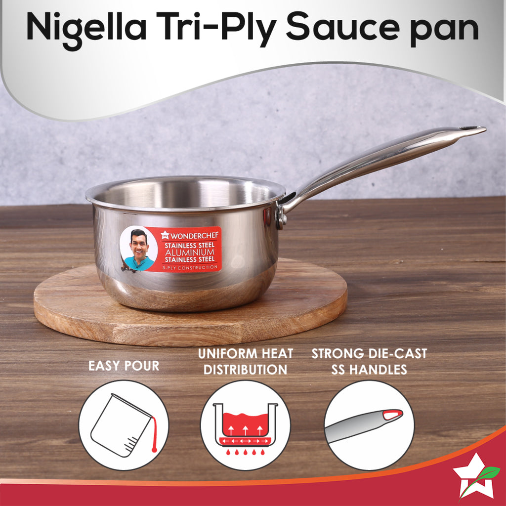 Nigella Tri-Ply 18 cm Sauce Pan | 2.2 Liters | 2.5 mm Thickness | Silver | 10 Years Warranty