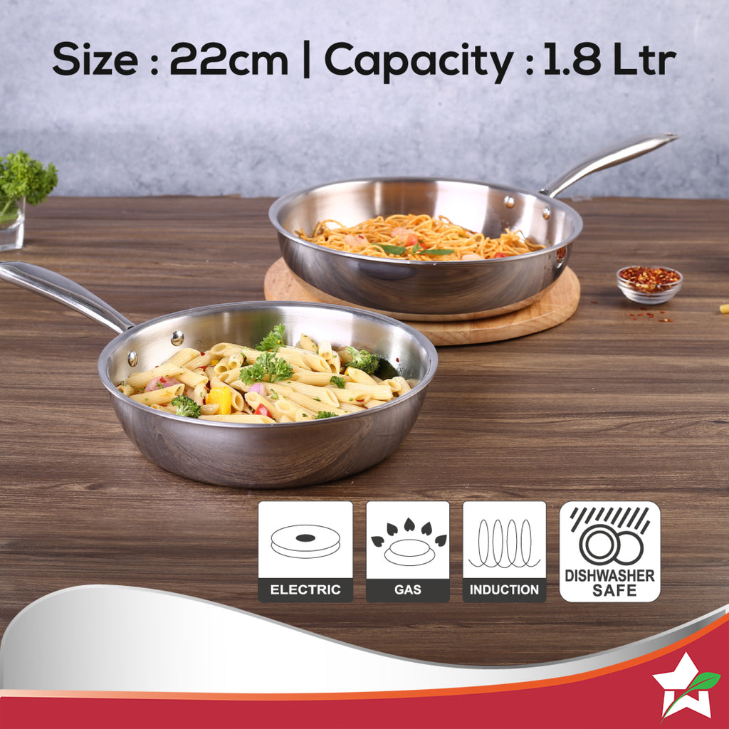 Nigella Tri-ply Stainless Steel 22 cm Fry Pan | 1.8 Litres | 2.5 mm Thickness | With Induction base | Compatible with all cooktops | Riveted Cool-Touch Handle | 10 Year Warranty