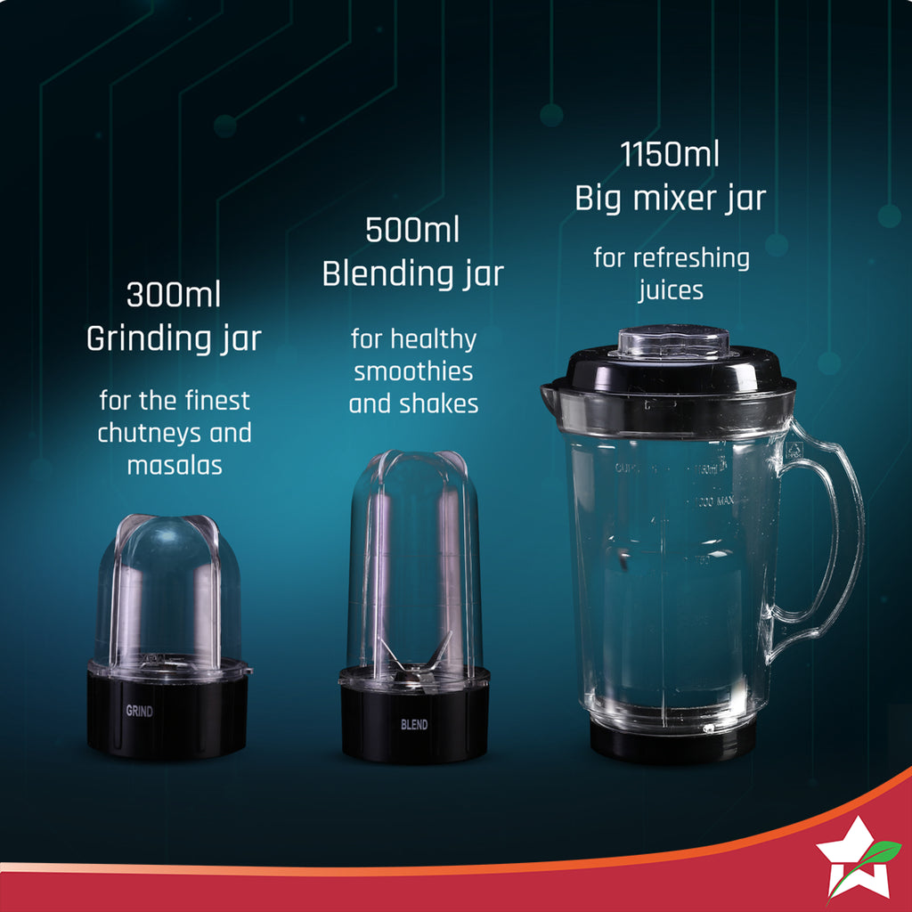 Nutri Blend Smart 3 Jar Automatic Mixer Grinder with Dual Pulse Function|22000 RPM|100% Full Copper Motor|2 Unbreakable Jars|500 W|2 Years Warranty|Recipe book by Chef Sanjeev Kapoor| Black