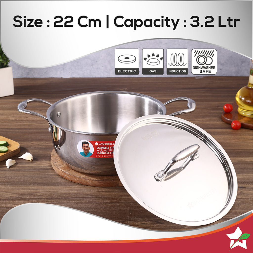 Nigella Tri-Ply Stainless Steel 22 cm Casserole | 3.2 Litres | 2.6mm Thickness | Induction base | Compatible with all cooktops | Riveted Cool-Touch Handle | 10 Year Warranty