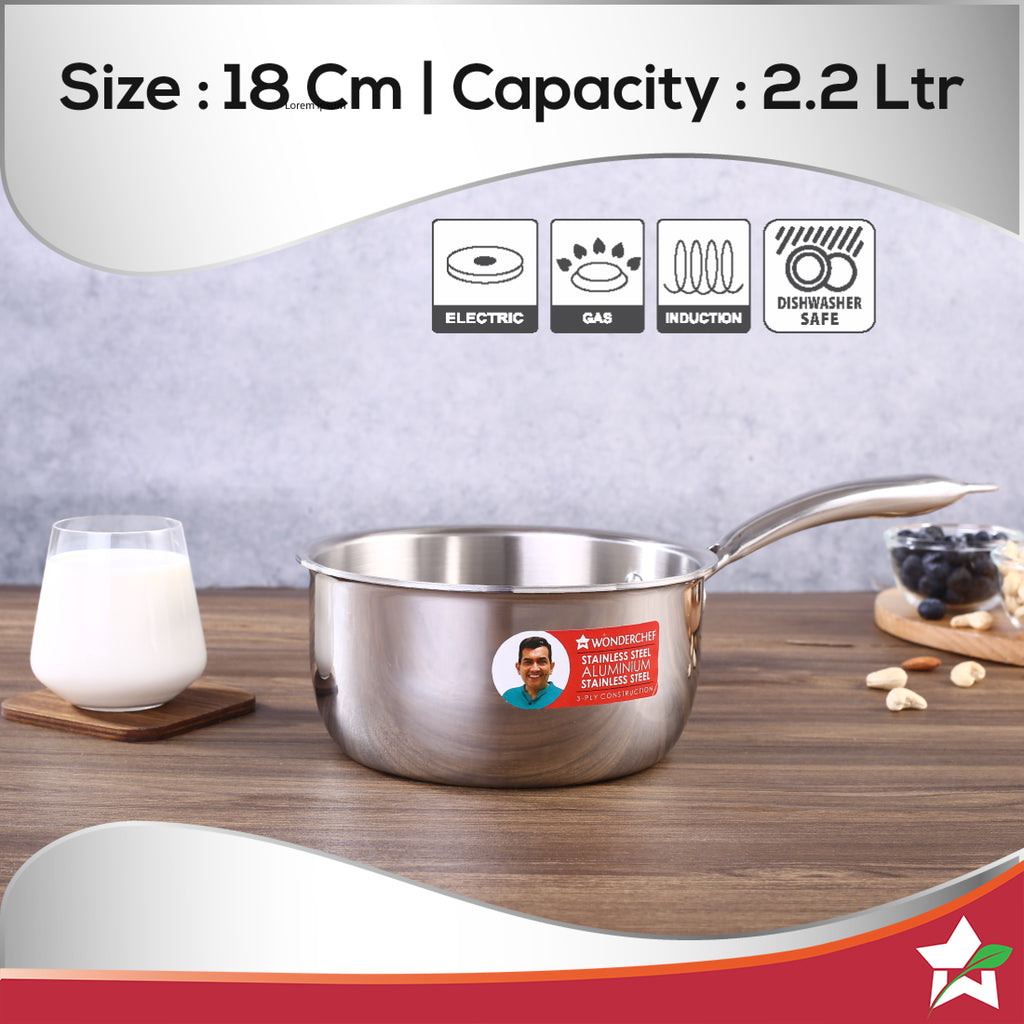 Nigella Tri-Ply 18 cm Sauce Pan | 2.2 Liters | 2.5 mm Thickness | Silver | 10 Years Warranty