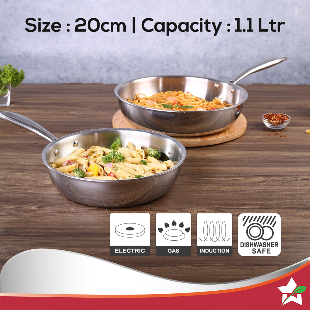 Nigella Tri-ply Stainless Steel 20 cm Fry Pan | 1.1 Litre | 2.5mm Thickness | With Induction base | Compatible with all cooktops | Riveted Cool-Touch Handle | 10 Year Warranty