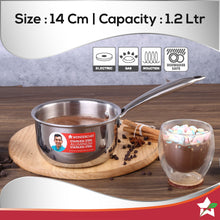 Load image into Gallery viewer, Nigella Tri-Ply 14 cm Sauce Pan | 1.2 Liters | 2.5 mm Thickness | Silver | 10 Years Warranty