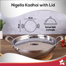 Load image into Gallery viewer, Nigella Tri-Ply Stainless Steel 30 cm Kadhai with Lid | 4.6 Litres | 2.6mm Thickness | Kadhai with Induction base | Compatible with all cooktops | Riveted Cool-Touch Handle | 10 Year Warranty