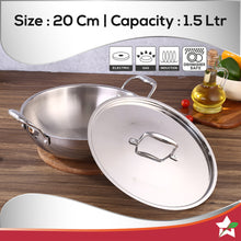 Load image into Gallery viewer, Nigella Tri-ply Stainless Steel 20 cm Kadhai with Lid | 1.5 Litres | 2.6mm Thickness | Kadhai with Induction base | Compatible with all cooktops | Riveted Cool-Touch Handle | 10 Year Warranty