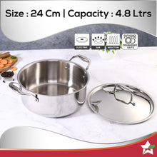 Load image into Gallery viewer, Nigella Tri-ply Stainless Steel 24 cm Casserole | 4.8 Litres | 2.6mm Thickness | Induction base | Compatible with all cooktops | Riveted Cool-Touch Handle | 10 Year Warranty