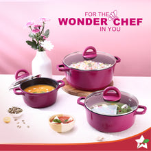 Load image into Gallery viewer, Ceramide Non-stick Casserole Set, 6Pc (1.2L,  2.3L, 3.9L), Induction Bottom, Soft Touch Handle, Pure Grade Aluminium, PFOA/Heavy Metals Free, 2.2mm, Pink, 2 Years Warranty