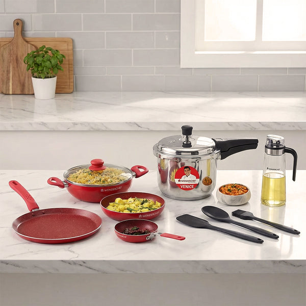 New-Kitchen Essentials | Royal Velvet Non-stick Cookware Set - 5Pc, Ambrosia Silicone Kitchen Tools Set of 3 Pcs, Glass Oil Pourer with Nozzle and Lid, Venice Stainless-steel Pressure Cooker - 3L - Outer Lid