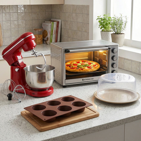 Home Baker Pro Set | Oven Toaster Griller (OTG) - 60 Litres, Regalia Neo Stand Mixer, Pavoni Marguerite Cake Cover, Pavoni Platinum silicon Muffin 6 Portions Mould