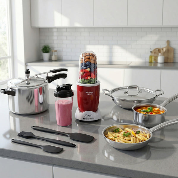 Chef’s Premium Collection | Venice Triply Stainless Steel 4 Pc. Cookware Set, Nutri-blend Activ Mixer Grinder Blender, Ultima Induction Base 5L Aluminium Pressure Cooker With inner Lid, Ambrosia Silicone Kitchen Tools Set of 3 Pcs