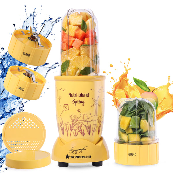 Nutri-blend Spring Mixer Grinder Blender & Smoothie Maker | 500W | 22000 RPM | 100% Copper Motor | 2 Unbreakable Jars | SS Blades | 2 Year Warranty | Recipe book by Chef Sanjeev Kapoor | Yellow