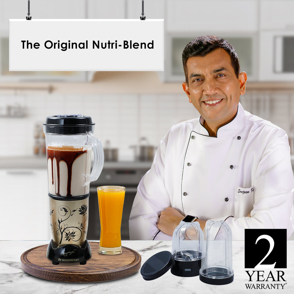 Nutri-blend Juicer, Mixer, Grinder, Blender & Smoothie Maker | 400W 22000 RPM 100% Full Copper Motor | Stainless steel Blades | 3 unbreakable jars | 2 Years warranty | Recipe book by Chef Sanjeev Kapoor | Champagne