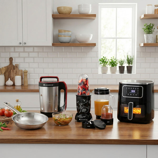 Kitchen Upgrade Pack | Platinum Plus Digital Air Fryer - 5L With Window & Light, Nutri-blend 500W Mixer Grinder, Stella Triply Stainless Steel Fry Pan