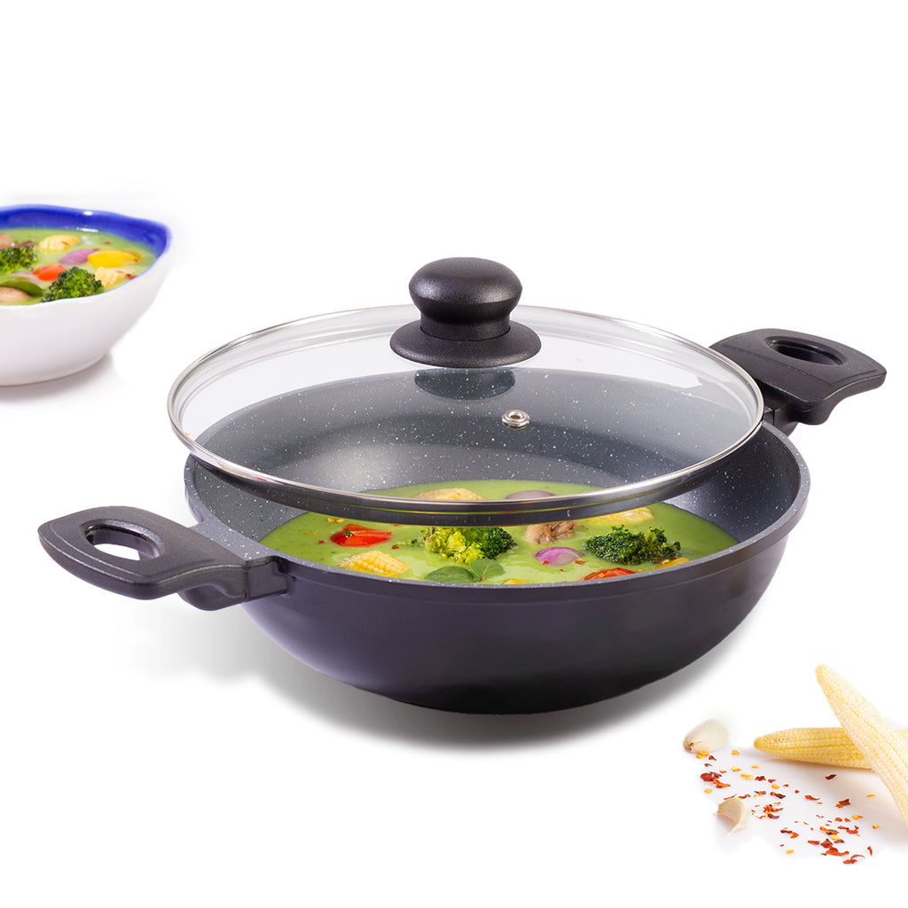 Duralite Die-Cast Kadhai with Lid | 24 cm | 2.4 L | 5 Layer Meta-Tuff Non-Stick Coating | Never Loses Shape | Non-Toxic | Cool Touch Handles and Knob | PFOA Free | Pure Grade Aluminium | Easy to Clean | Grey | 2 Years Warranty