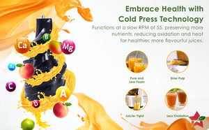 Regenta Full Fruit Juicer | Professional Cold Press | High Juice Yield | 240W | 55 RPM | Fine Strainer | All-in-1 Fruit & Vegetable Juicer | White | 2 Year Warranty