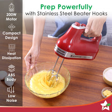 Load image into Gallery viewer, Crimson Edge 5 Speed Electric Hand Mixer | 300W Powerful Copper Motor | TurboSpeed I Adjustable Slow Speed Start I Hand Blender | Stainless Steel Whisk Beaters and Dough Hooks | 2 Years Warranty | Bakeware I Red
