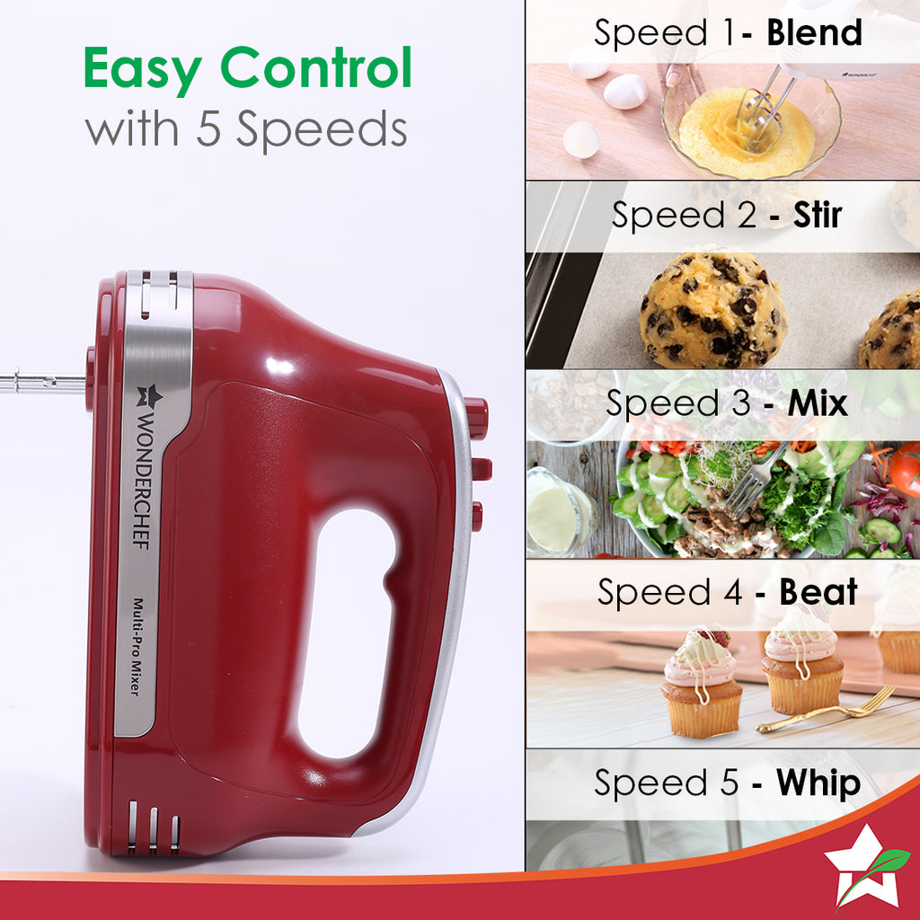 Crimson Edge 5 Speed Electric Hand Mixer | 300W Powerful Copper Motor | TurboSpeed I Adjustable Slow Speed Start I Hand Blender | Stainless Steel Whisk Beaters and Dough Hooks | 2 Years Warranty | Bakeware I Red
