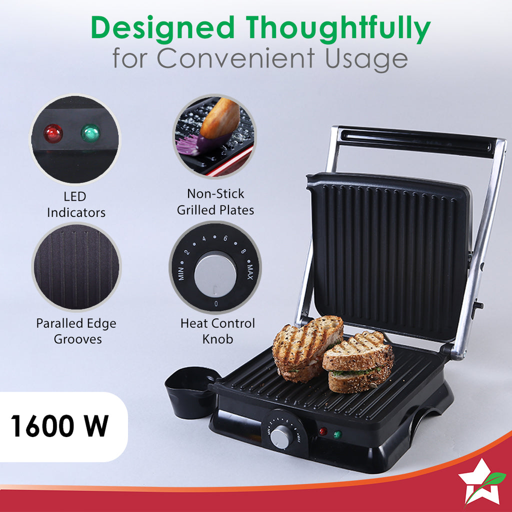 Sanjeev Kapoor Tandoor Family Size| Electric Contact Grill & Sandwich Maker| 3-in-1 Appliance|1600 Watt|180 Degree Grilling|Cool Touch Handle|Auto Shut Off|2 Year Warranty| Black & Silver