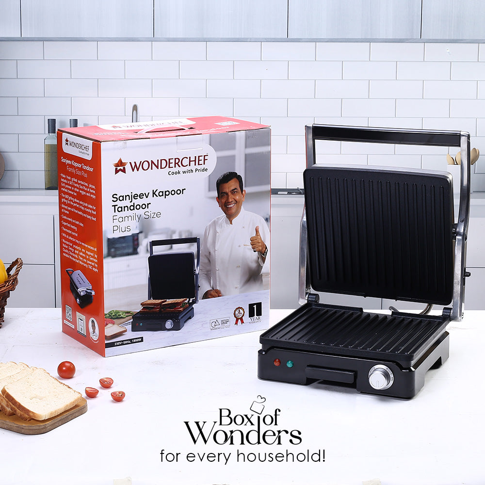 Sanjeev Kapoor Tandoor Family Size Plus| Electric Contact Grill & Sandwich Maker| 1800 Watt| Non-stick Grooves Healthy cooking | Super fast heating | 2 Year Warranty| Black & Silver