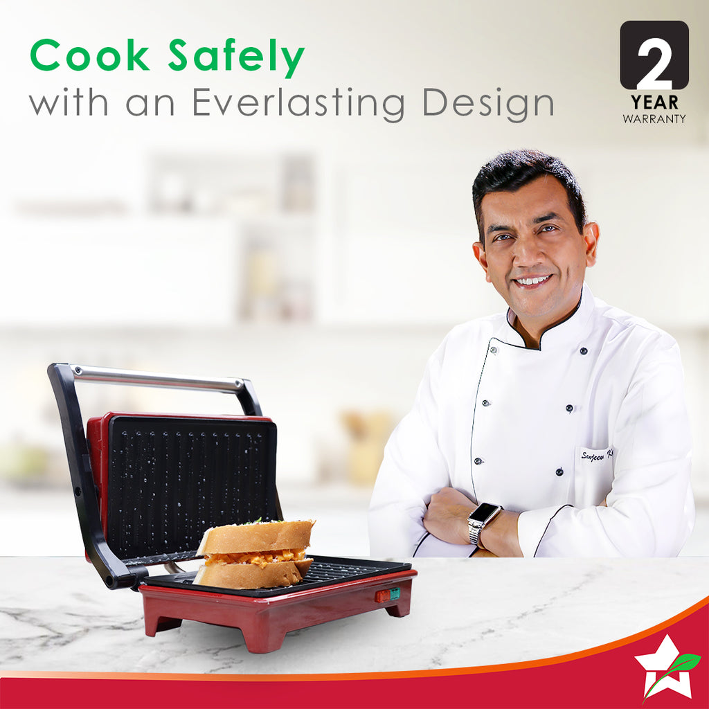 Sanjeev Kapoor Tandoor Mini | Crimson Edge Electric Contact Grill & Sandwich Maker | 3-in-1 Appliance | 700 Watt | Healthy Non-Stick Coating | 1 Year Warranty | Red