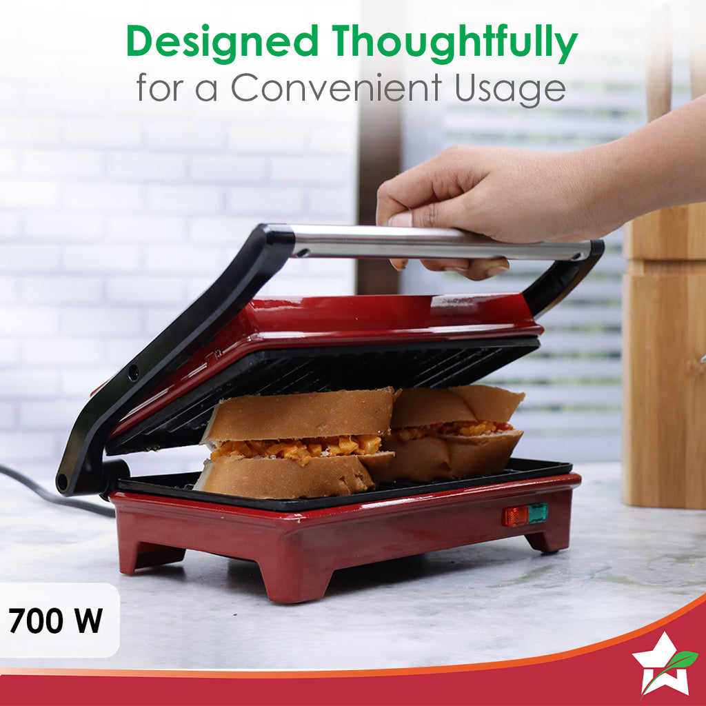 Sanjeev Kapoor Tandoor Mini | Crimson Edge Electric Contact Grill & Sandwich Maker | 3-in-1 Appliance | 700 Watt | Healthy Non-Stick Coating | 1 Year Warranty | Red