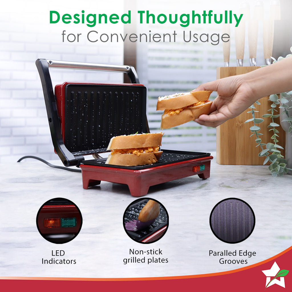 Sanjeev Kapoor Tandoor Mini Plus| Crimson Edge Electric Contact Grill & Sandwich Maker|3-in-1 Appliance| 700 Watt | Healthy Non-Stick Coating|1 Year Warranty| Red