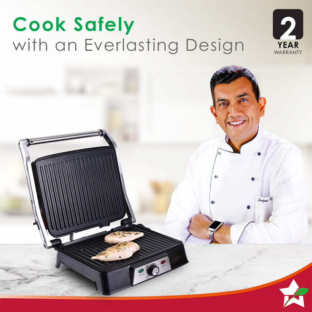 Sanjeev Kapoor Tandoor Professional| Electric Contact Grill & Sandwich Maker|3-in-1 Appliance|2000 Watt|180 Degree Grilling|Cool Touch Handle|LED Indicator|2 Year Warranty|Black & Silver