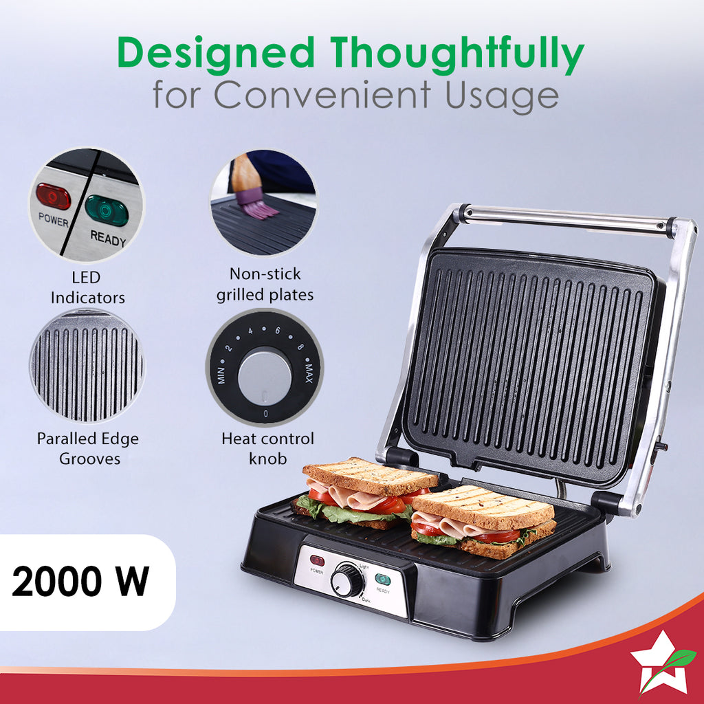 Sanjeev Kapoor Tandoor Professional| Electric Contact Grill & Sandwich Maker|3-in-1 Appliance|2000 Watt|180 Degree Grilling|Cool Touch Handle|LED Indicator|2 Year Warranty|Black & Silver