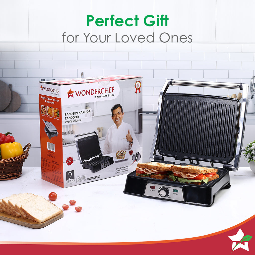 Sanjeev Kapoor Tandoor Professional| Electric Contact Grill & Sandwich Maker|3-in-1 Appliance|2000 Watt|180 Degree Grilling|Cool Touch Handle|LED Indicator|2 Year Warranty|Black & Silver