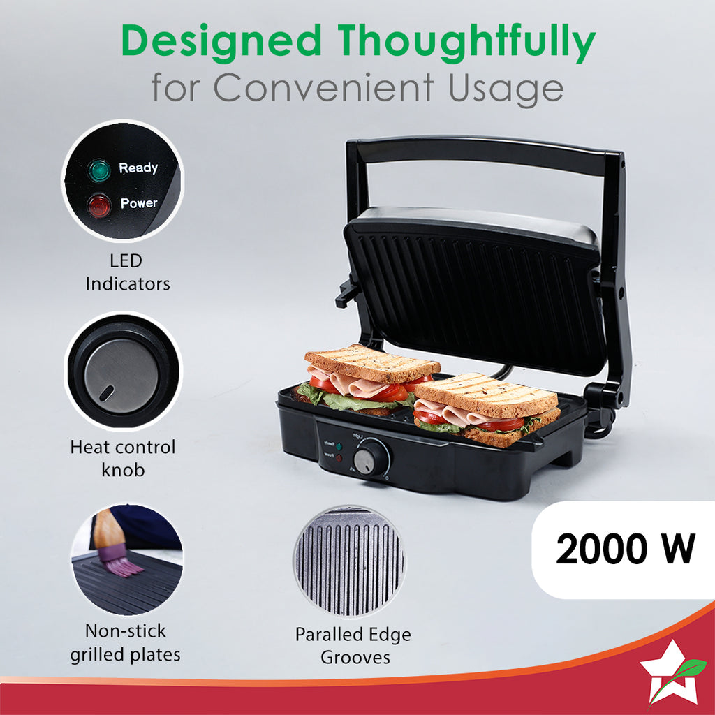 Sanjeev Kapoor Tandoor| Electric Contact Grill & Sandwich Maker |3-in-1 Appliance|1500 Watt|180 Degree Grilling|Cool Touch Handle|Auto Shut Off|LED Indicator|2 Year Warranty|Black & Silver