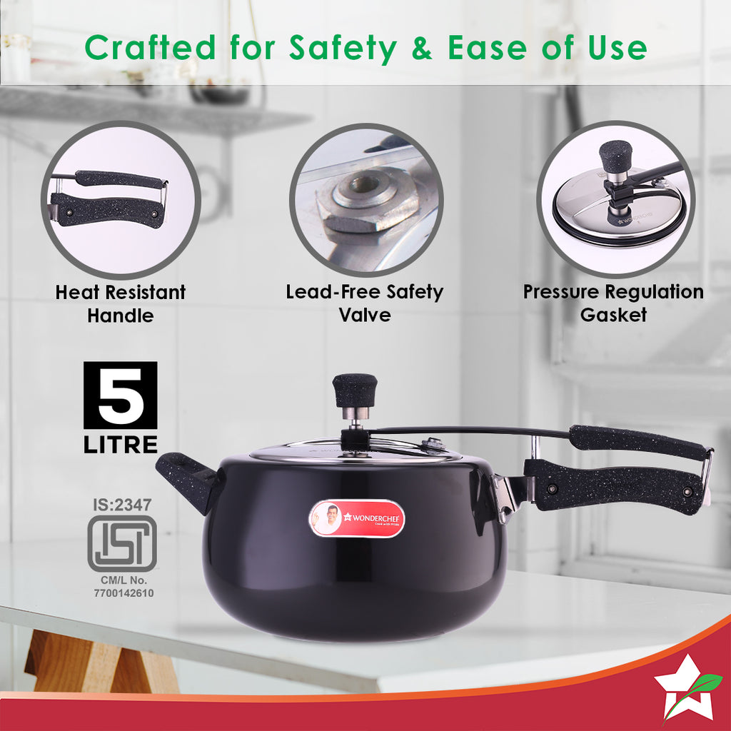 Taurus Hard Anodized 5L Inner Lid Pressure Cooker | Soft Touch Handles for Durability | Induction Friendly | Black