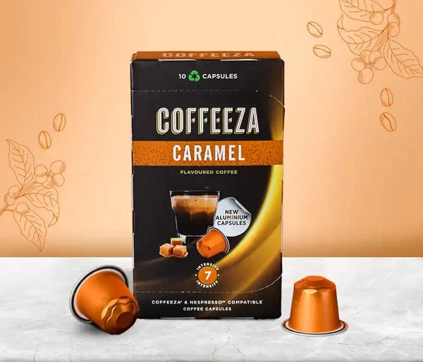 Coffeeza Caramel 100% Arabica Flavoured Aluminium Coffee Capsules nespresso compatible CCS-ALU-CAR1-VER1-01
