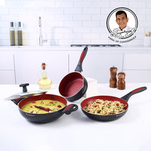 Load image into Gallery viewer, Burlington Aluminum Non-Stick Cookware 5 pc Set | Kadhai with Glass Lid 1.15L, Sauce Pan 2.6L, Fry Pan 1.7L | Induction Bottom | Soft Touch Handles | Pure Grade Aluminium | PFOA Free | 2 Year Warranty | Red/Black