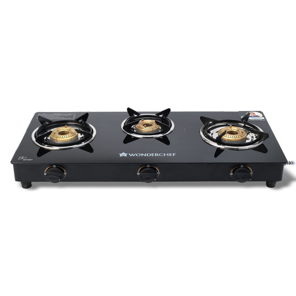Ultima 3 Burner Manual Glass Cooktop | 6mm Toughened Glass Cooktop | Stainless Steel Drip tray | Anti-Skid Legs | Large Pan support | Manual Ignition | 360 degree Revolving Nozzle | Black steel frame | 2 Year Warranty | Black