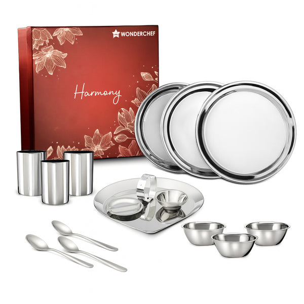 Harmony Premium Stainless-Steel Dinner & Pooja Gift Set | Plates, Bowls, Glasses, Spoons, Pooja Thali, Diya & Agarbatti Stand | Elegant Red Gift Box for Weddings, Festivals, Housewarmings
