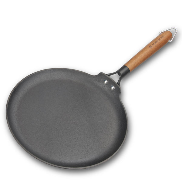 Ferro Light-weight Cast-iron Dosa Tawa, 26cm, 40% Lighter, Pre-seasoned with 100% Vegetable Oil, Non-toxic, Chemical-free, Induction-friendly, Long Cool-touch Wood Handles, 10-Yr Warranty