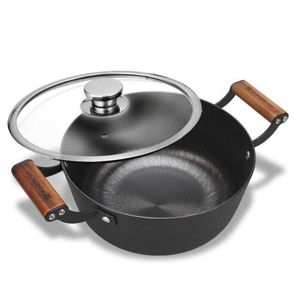 Ferro Light-weight Cast-iron Casserole & Glass Lid, 24cm, 40% Lighter, Pre-seasoned with 100% Vegetable Oil, Chemical-free, Induction-friendly, Long Cool-touch Wood Handles, 10-Yr Warranty