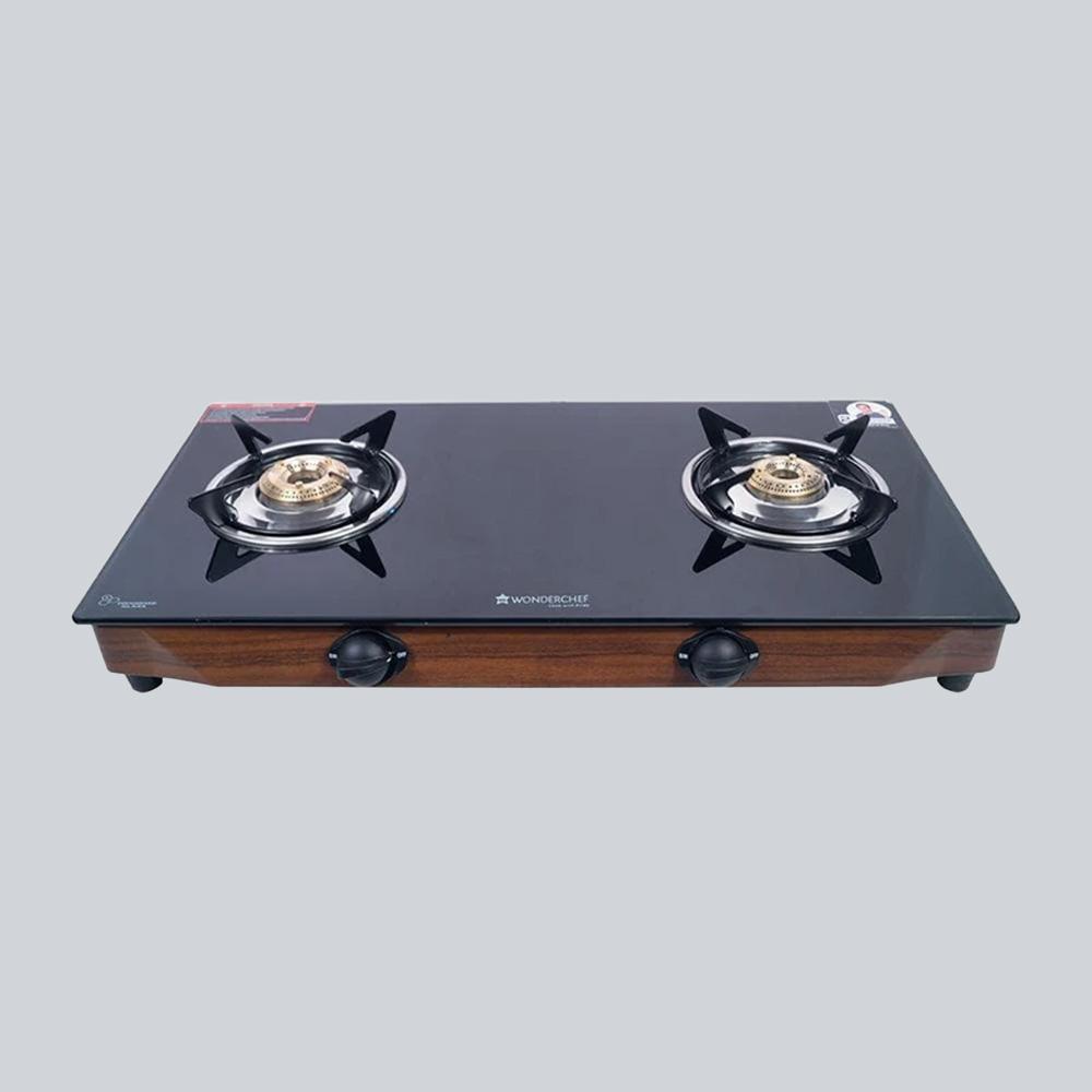 Eco Star 2 Burner Glass Cooktop,  Black 8mm Toughened Glass with 1 Year Warranty, Ergonomic Knobs, Efficient Brass Burners, Stainless-steel Spill Tray, Manual Ignition