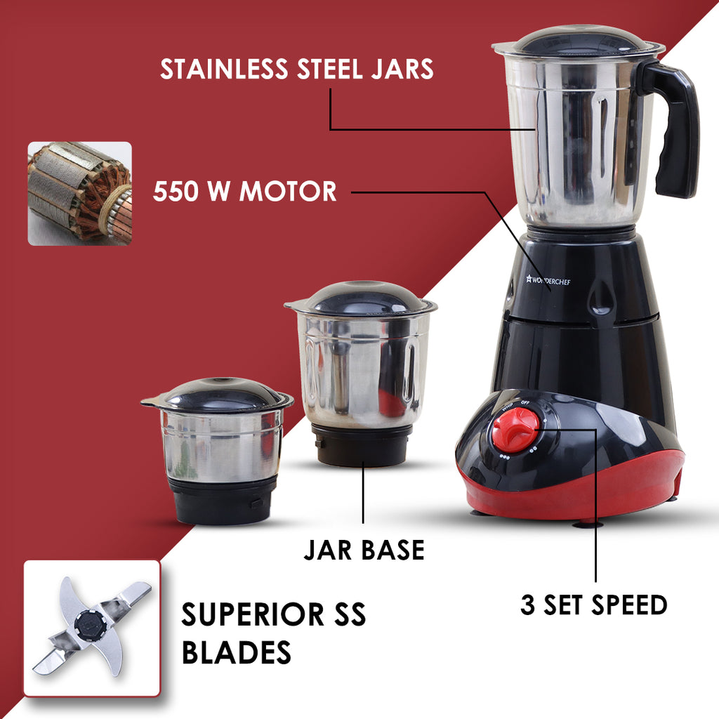 Capri Mixer Grinder 550W, Black & Red, 5 Years Warranty