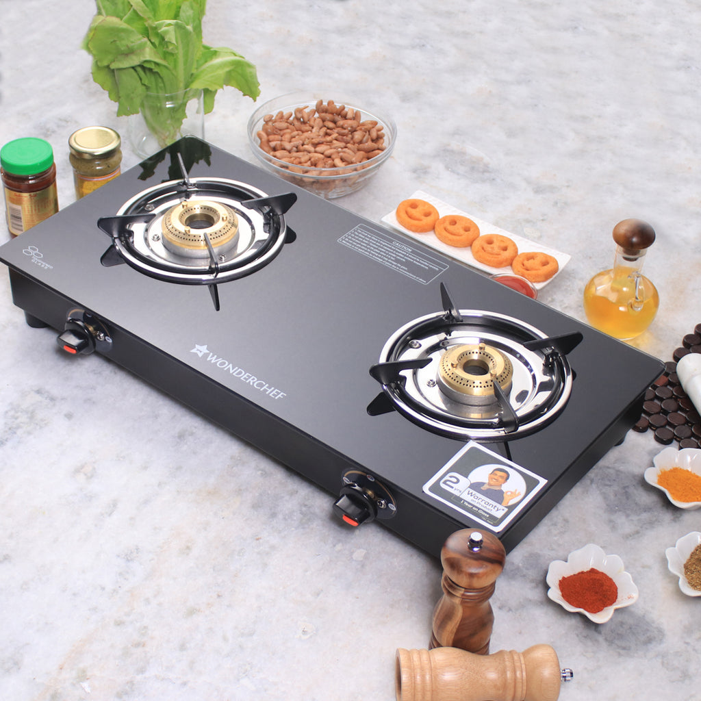 Ruby 2 Burner Glass Cooktop, Black Toughened Glass with 1 Year Warranty, Ergonomic Knobs, Heat-Efficient Brass Burners, Stainless-steel Spill Tray, Manual Ignition