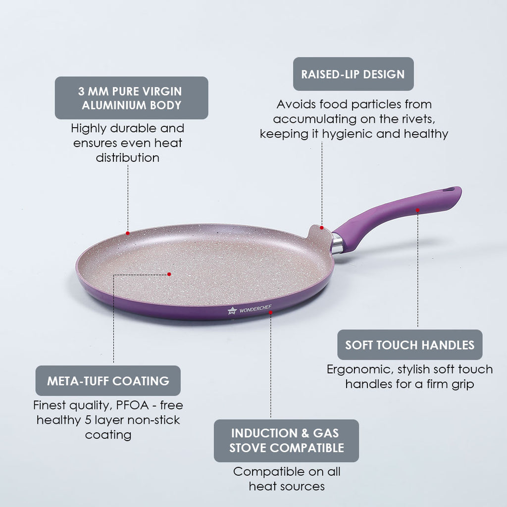 Granite 24cm Non-Stick Dosa Tawa | Induction Bottom | Soft-Touch Handles |  Virgin Aluminium | PFOA/Heavy Metals Free | 3.5mm | 2 Year Warranty | Grey