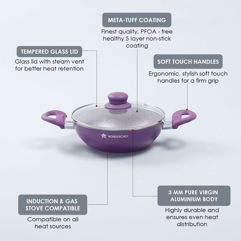 Royal Velvet 20 cm Non-Stick Kadhai with Lid and Induction Bottom | Soft-Touch Handle | Virgin Grade Aluminium | PFOA and Heavy Metals Free | 3 mm thick | 1.4 litres | 2 Years Warranty | Purple