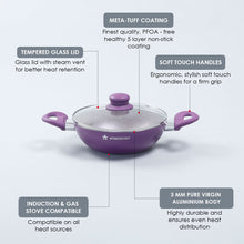 Load image into Gallery viewer, Royal Velvet 20 cm Non-Stick Wok with Lid and Induction Bottom | Soft-Touch Handle | Virgin Grade Aluminium | PFOA and Heavy Metals Free | 3 mm thick | 1.4 litres | 2 Years Warranty | Purple
