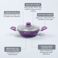 Load image into Gallery viewer, Royal Velvet 20 cm Non-Stick Kadhai with Lid and Induction Bottom | Soft-Touch Handle | Virgin Grade Aluminium | PFOA and Heavy Metals Free | 3 mm thick | 1.4 litres | 2 Years Warranty | Purple