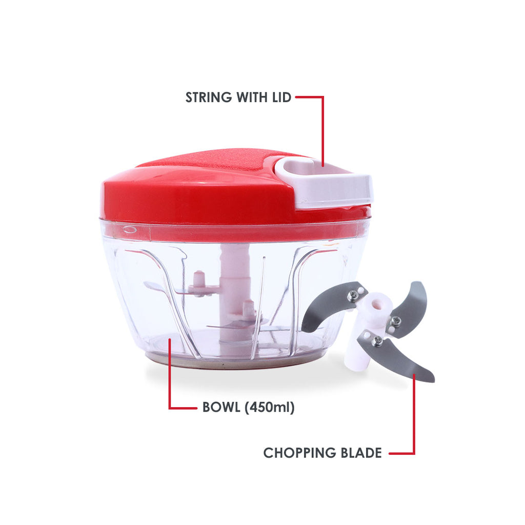 Platinum String Chopper with 3 Sharp Stainless Steel Blade 450 ml, Anti Slip Silicone, Compact, White and Red, 1 Year Warranty